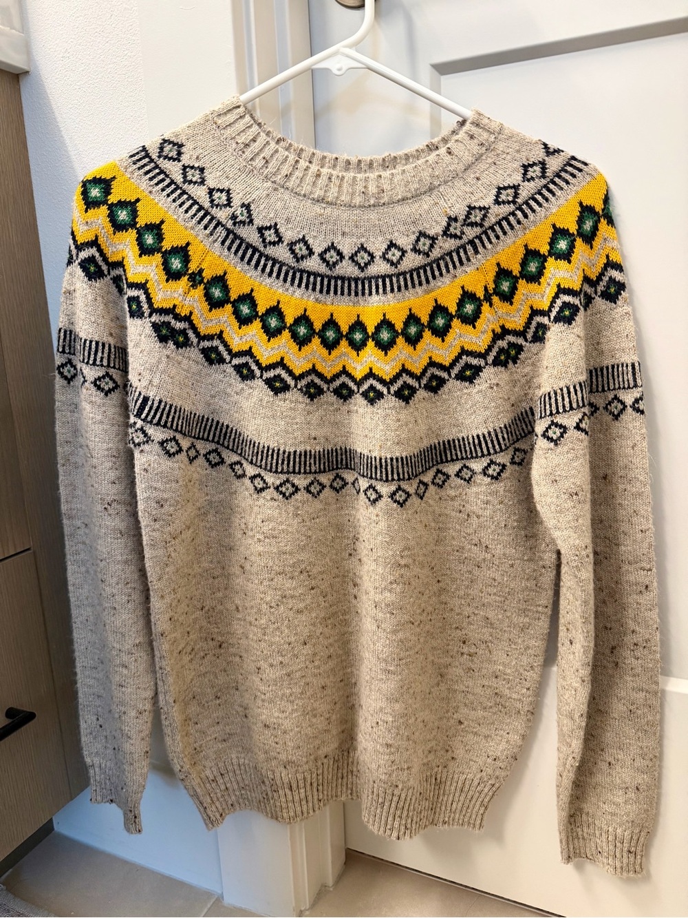 Weatherproof Fair Isle Crewneck Sweater - Beige with Yellow & Green Accent